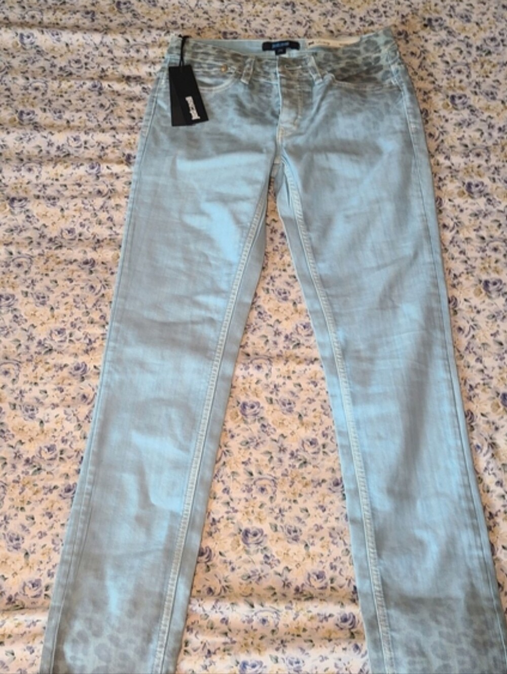 Just Cavalli Designer Pale Blue Skinny Jeans with Subtle Leopard Hem
